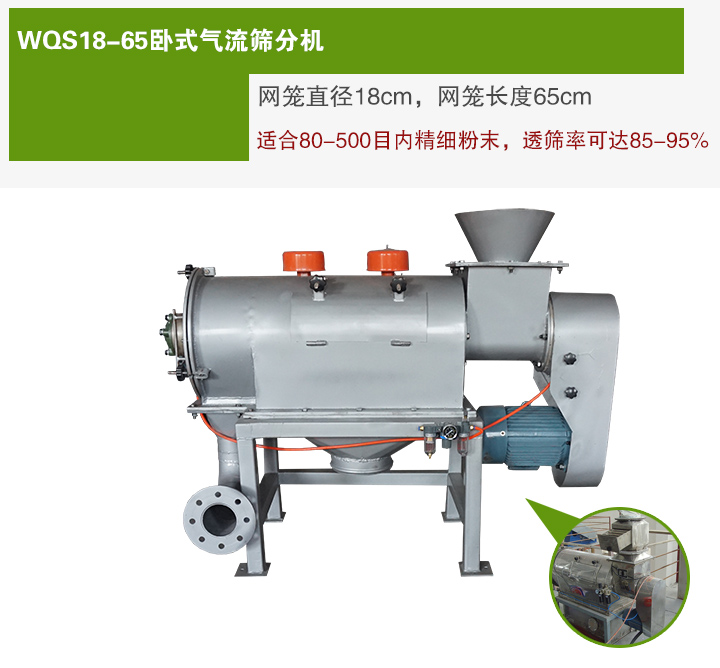 WQS18-65臥式氣流篩分機(jī)網(wǎng)籠直徑為18cm，網(wǎng)籠長(zhǎng)度為65cm